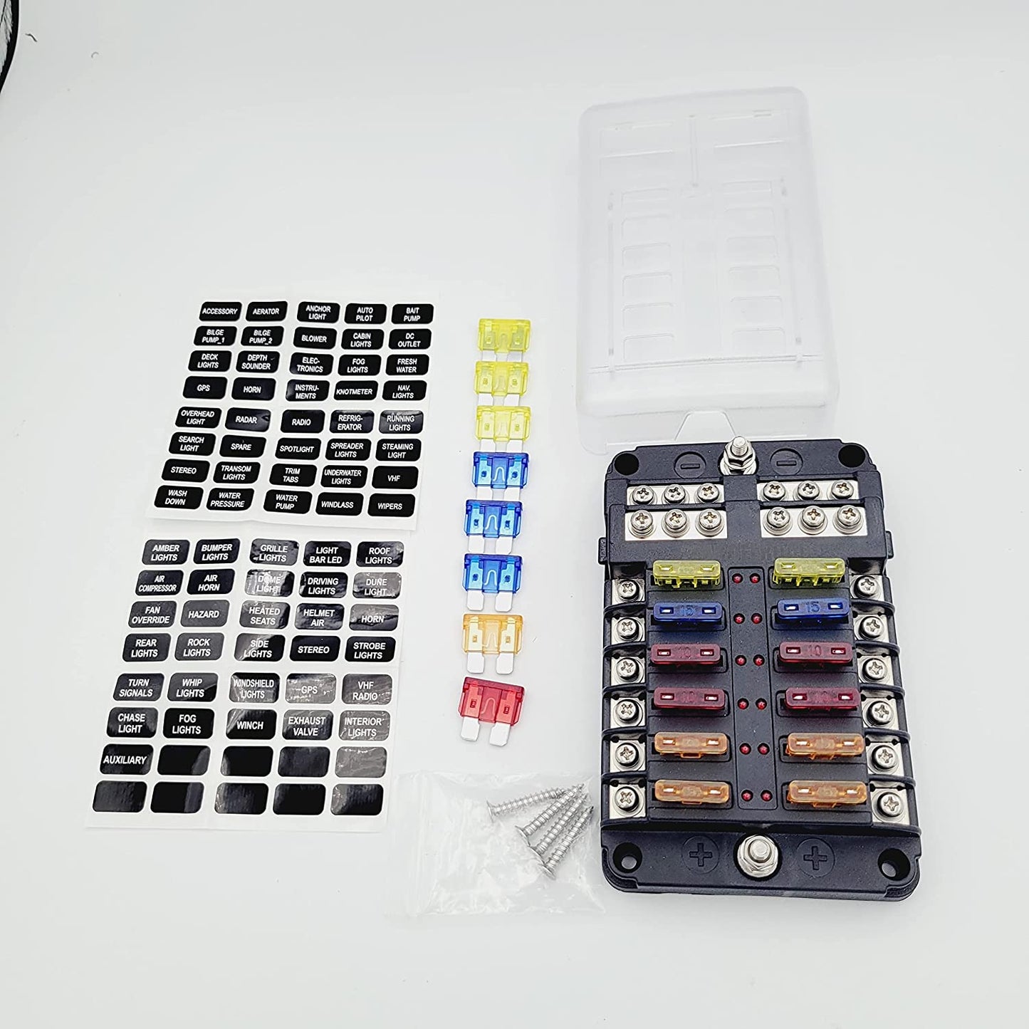 Fuse box with negative bus. 6 or 12 fuse unit, includes variety of fuses.