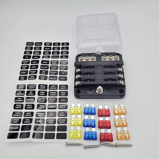 Fuse box with negative bus. 6 or 12 fuse unit, includes variety of fuses.